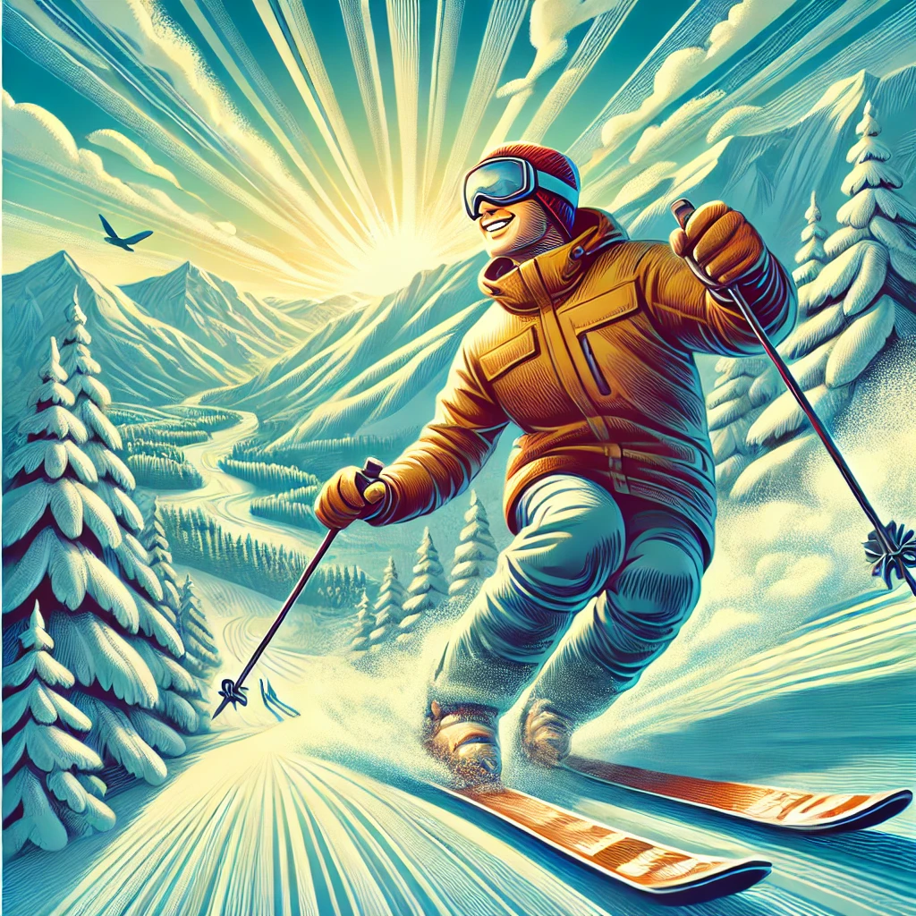 Illustratie: skiën in de bergen onder een stralende zon.