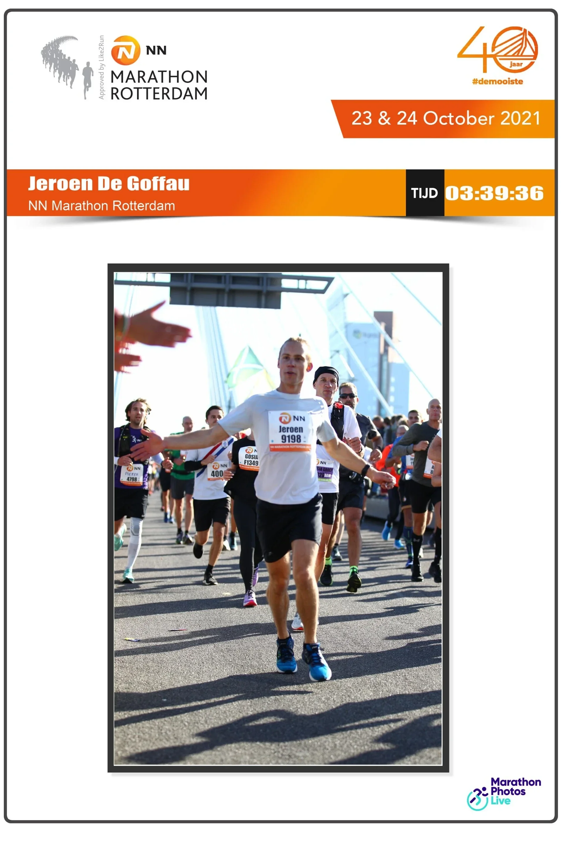 Jeroen tijdens de NN Marathon Rotterdam, oktober 2021, in 3 uur en 39 minuten.